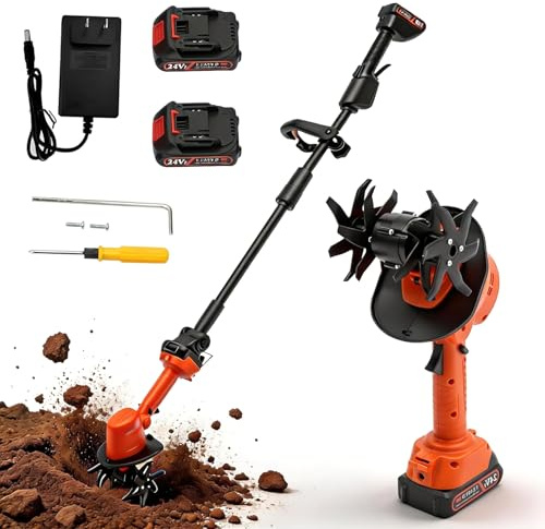 Motobineuse Électrique sans Fil 24V, Motoculteur Portable avec 2 Batteries et Chargeur, 235 RPM, Largeur/Profondeur de Travail 10 cm, Cultivateur de Sol avec 4 Lames en Acier
