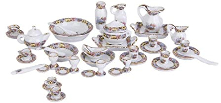 Vervevum Juego de té en Miniatura Mini Tetera de Porcelana Tazas de té Platos Kit de Platos Accesorios para casa de muñecas 40PCS, Juego de en Miniatura