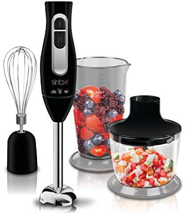 Batidora de mano, 400 W, regulador de velocidad y velocidad Turbo, cúpula con cuatro cuchillas, con picador, varilla batidora y cuchilla para hielo