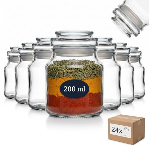 gouveo 24er Set Gewürzglas 200 ml (0,20 l) Gewürzglas 200 ml Rondo mit Glaskorken mit Glasstopfen, rundes transparentes Vorratsglas für Gewürze, Tee, Süßigkeiten & Kleinteile (KGR200GK)