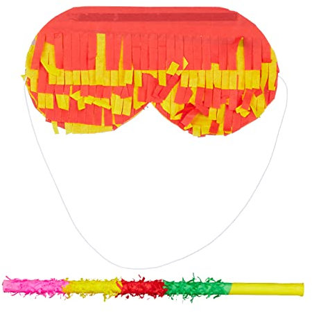 Relaxdays 20 TLG. Pinata Zubehör Set, Stock und Maske, Kinder & Erwachsene, Pinata Stab mit Augenbinde, Papier, 50 cm lang, bunt