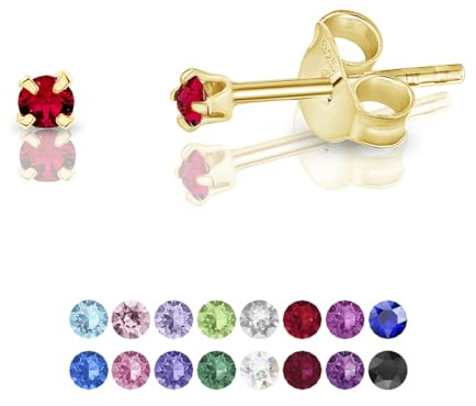 Pendientes de Botón Plata Ley 925 Chapados Oro 24K on Cristales Brillantes Rojo Rubí 2 mm - Pendientes Pequeños Oro para Mujer - Punto de Luz Hipoalergénicos