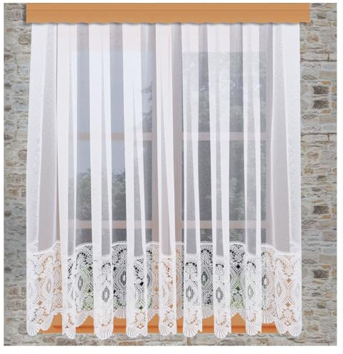 Spitzen-Store Chrissi mit Vogtländischer Spitze weiß | Sockel-Gardine mit breitem Stickerei-Abschluss | Klassischer Gerad-Store mit Ornament-Spitze handgefertigt | Landhaus-Gardine HxB 150 x 400 cm