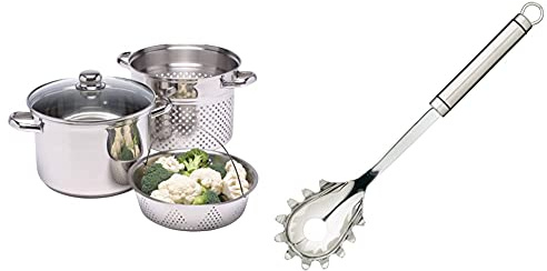 KitchenCraft World of Flavours Pasta Pot with Strainer and Vegetable Steamer Basket, 4 Litre & KitchenCraft Professional Spaghetti Spoon/Pasta Server, Stainless Steel, 32 cm