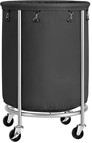 SONGMICS Cesto Portabiancheria con Ruote, Cesta per il Bucato, 170L, Cesto Rotondo con Struttura in Acciaio e Sacco Rimovibile, 4 Ruote e 2 Freni, Nero e Argento RLS001B01
