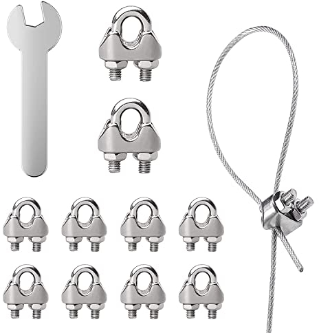 XPOOP 10 Pcs Wire Rope Cable Clamp With U-Bolt Saddle Fastener, Stainless Steel Cable Grips and Open-End Wrench