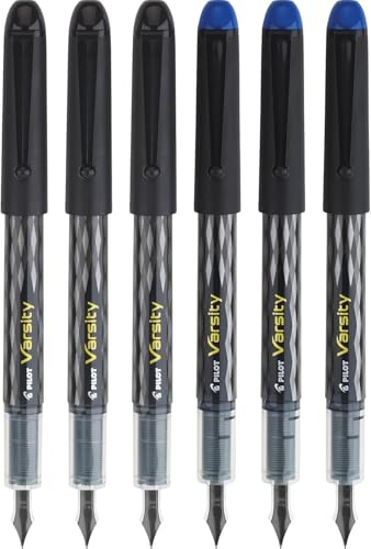 Pilot, Precise Varsity Pre-Filled Fountain Pens, Medium Point 1 mm Stainless Steel Nib, Black/Blue, 6-Pack