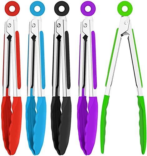 Lot de 5 petites pinces de cuisine en silicone de 17.8 cm avec embouts en silicone,Pinces de cuisine en acier inoxydable pour salade, griller, frire et cuisine (bleu, vert, rouge, noir, 5 pièces)