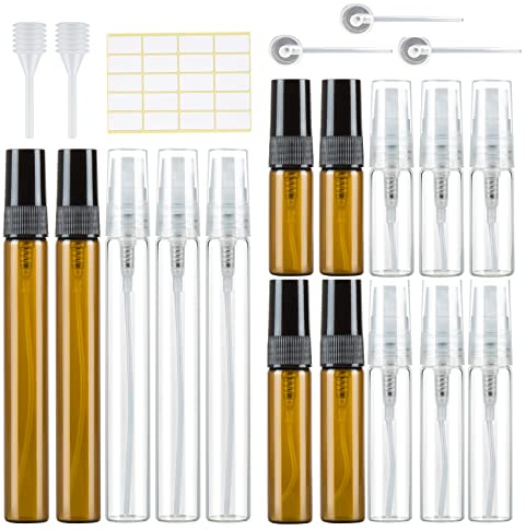 15 Stück Parfümzerstäuber Leer Sprühflasche Glas Klein zum Befüllen, Mini Pump Taschen ParfumFlakon Nachfüllbar Parfümproben für Reise 3ml/5ml/10ml Transparentes Bernstein mit Pipetten Presskopf