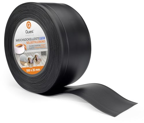 Quest Weichsockelleiste PVC 100x25 mm flexibel - Schwarz, 5 m | Weiche Abschlussleiste ohne Bohren, wasser- & schimmelbeständig, für Wand, Boden, Küche & Bad, leicht zuzuschneiden