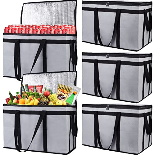 Bodaon 5-Pack Insulated Food Delivery Bag for Hot and Cold Meal, XXX-Large Grocery Tote Insulation Bag for Catering, Pizza Warmer, Cooler/Thermal Bags, Grey