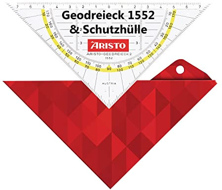 Aristo AR18000B Geodreieck AR1552 mit passender Geocover Schutzhülle basic (Dreieck Hypotenuse 16 cm, Tuschenoppen und Facetten, Hülle mit Lochung zum Abheften) rot, transparent
