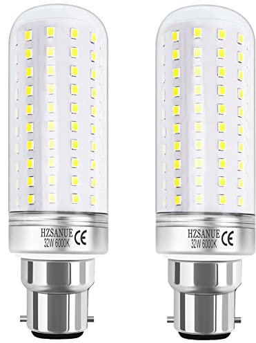 HZSANUE B22 LED Mais Lampen 32W, 6000K Tageslichtweiß, 3600Lm,B22 Bajonett LED Leuchtmittel,240W Glühlampen Äquivalent,Nicht Dimmbar, 2er-Pack