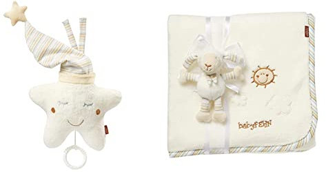 Fehn Spieluhr Baby Einschlafhilfe Stern - Spieluhr mit herausnehmbarem Spielwerk zum Aufhängen - Schlafhilfe Melodie & 396089 Kuscheldecke Schaf – Kuschelige Schmusedecke für Babys und Kleinkinder