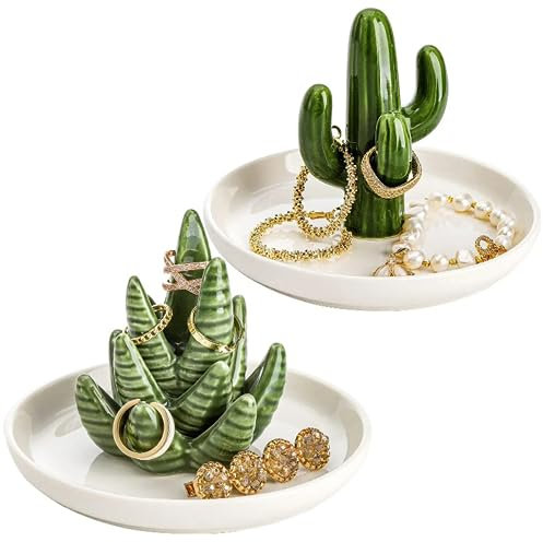 Disoza Dekotablett Schlüsselschale Kaktus Schmucktablett 2 St. Keramik Kaktus Deko Schale für Schlüssel Schmuck Porzellan Deko Tablett Teller Geburtstagsgeschenk für Frauen Freundin (13x13x10cm)