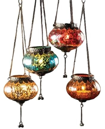 Hanging Glass Lantern | Silver Crackle colourful Moroccan Lantern | ethical tea light holder | hanging candle lantern (Red)