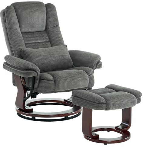 M MCombo Relaxsessel mit Liegefunktion, Lesesessel, 360°Drehbarer Fernsehsessel, mit Hocker, mit Kissen & Seitentasche, bis 120 Kg Belastbarer TV-Sessel für Wohnzimmer, 9099 (Grau-Stoff)