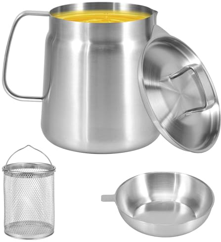 Contenedor de grasa de tocino de acero inoxidable con colador de malla y cesta, tanque de filtro de aceite para freír, contenedor de filtro de grasa a prueba de polvo para almacenar aceite de freír