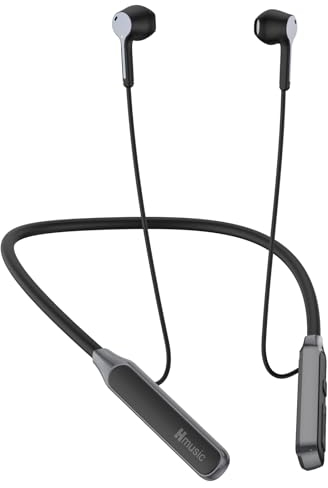 Hmusic H06 V5.4 Bluetooth Neckband Headphones, 30H Long Playtime Wireless Headphones, Semi-in Ear Earbuds, IPX5 Waterproof Sweat Resistant Bluetooth Earphones for Sports, Running, Gaming (Black)