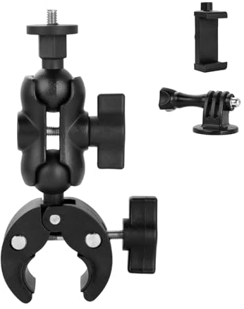 UTEBIT Camera Mount Clamp & Phone Holder for Handlebar de Motorcycle/Bike Rod, Cross Bar, Camera Mount with 1/4 Screw & 360 Rotation Ballhead Compatible for DSLR Camara, (Bicycle stand clamp)