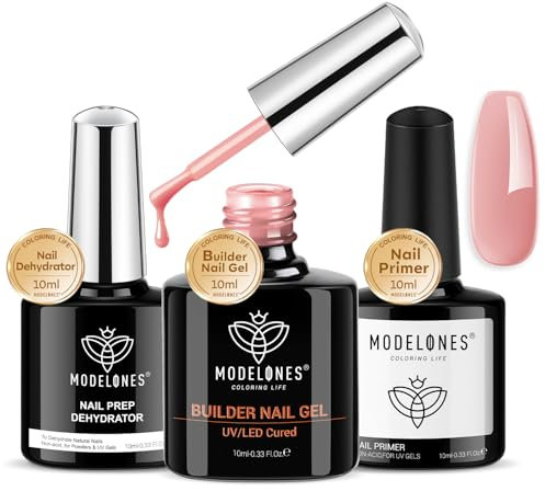 Modelones 8 en 1 Kit de Gel Constructor para Uñas - Base de Goma, Refuerzo Semipermanente, Extensión y Primer Deshidratador - Rosa