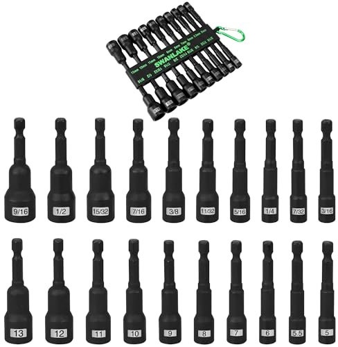 Magnetic Nut Driver Set - 20-Piece Metric & SAE 1/4 Hex Shank Drill Socket Impact Driver Bit Holder with Aluminum Alloy Snap Clip, 65mm Long Hex Bit, Quick Change Tool