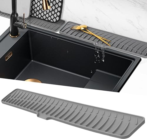 Volminex Tapis Égouttoir Étroits, Tapis de Robinet en Silicone, Tampon de Sechage Evier, Tapis de Protection de Drainage, Tampon Egouttoir Vaisselle pour Cuisine, Salle de Bain (Gris, 60 cm)