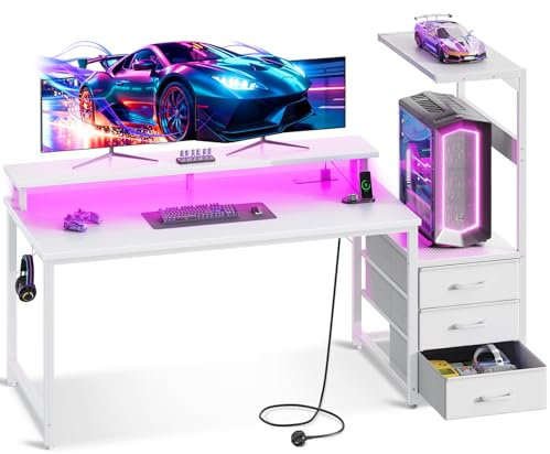 Coleshome 150×50 cm Gaming Desk with LED Lights & Power Outlet