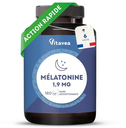 Mélatonine 1,9 mg - Action Rapide - Comprimés à sucer Goût Menthe - Endormissement, Sommeil Adulte, Jet Lag - 180 comprimés - Fabriqué en France - Vitavea