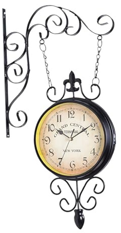 Milageto Doppelseitige Bahnhofsuhr, Gartenuhr, antike europäische, leise Wanduhr zur Wandmontage für Büro, Zuhause, Innenbereich, Terrasse, Schlafzimmer