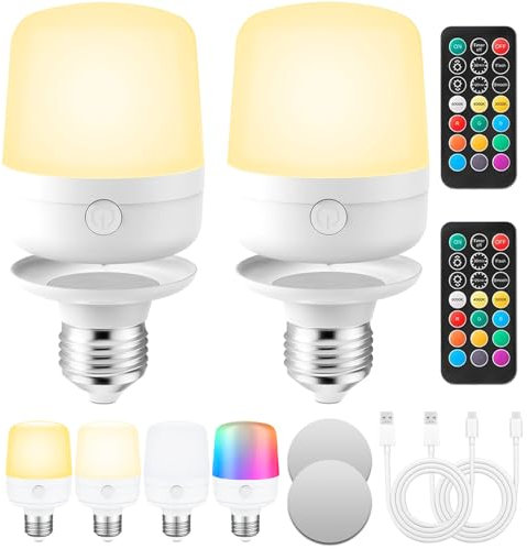 E27 Batterie Glühbirne Mit Fernbedienung, Magnetische USB Wiederaufladbare Glühbirne Mit Schalter, LED Dimmbar Akku Glühbirne Für Lampen, RGB Farbwechsel Glühbirne, 400LM, Timer, 2600mah,2 PACK