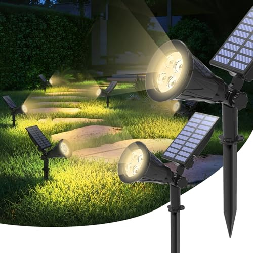 T-SUN 2 Unidades Foco Solar, Impermeable Luces Solares Exterior, Luz de Jardín, 2 Modos de Iluminación Opcionales, Blanco Natural 4000K, Luz de Proyecto Solar para Entrada, Camino.