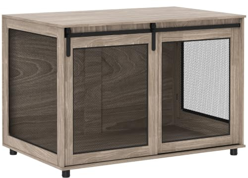 PawHut Dog Crate Furniture with Sliding Door 118 x 75.5 x 82cm Walnut Brown | Dog Cage End Table, Pet Kennel for Extra Large Breeds