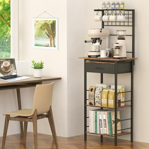 Kaffeebar-Station, 5-stöckiges Kaffeeregal mit Schubladen zur Aufbewahrung, Küchenregal mit 4 S-förmigen Haken und Zwei Holzablagen, Küchenregal für kleine Räume, Wohnzimmer, Flur (rustikales Braun)