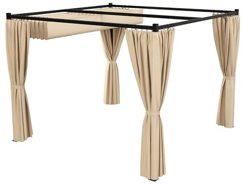 Outsunny Pérgola con Techo Retráctil Pérgola de Jardín 3x3 m Cenador con Muros Laterales Tela de Poliéster Impermeable Pabellón para Jardín Terraza Patio Exterior Beige