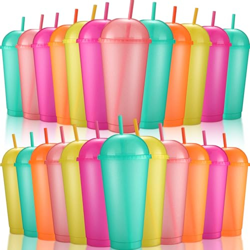 Hsei Lot de 24 gobelets en plastique glacé réutilisables à paillettes avec couvercles dômes et pailles de 700 ml – Gobelets à café glacé pour voyage, anniversaire, fête (couleur classique)