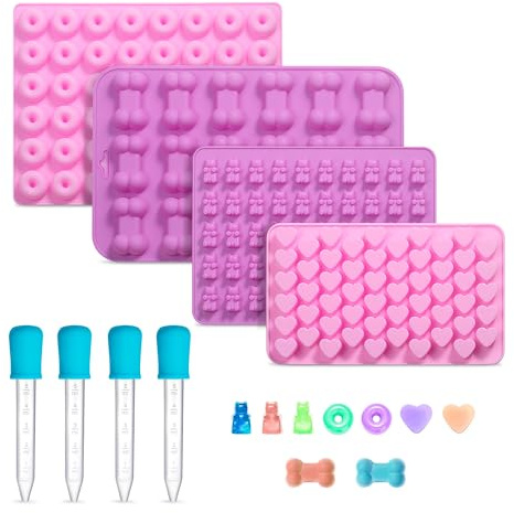 Gummy Candy Moulds, 4 Pcs Silicone Chocolate Mould with 4 Droppers, Non-Stick Craft Molds for Caramels, Ganache & Resin Crafts, Ice Cubes, Bone Bear Donut Heart Shape Included