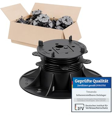 Trevendo CLEVER LINE Lot de 25 plots (40-80 mm), réglables en hauteur, pour plaques de pierre, planches en WPC et en bois, capacité de charge jusqu'à 500 kg, avec croix de joint et adaptateur en L