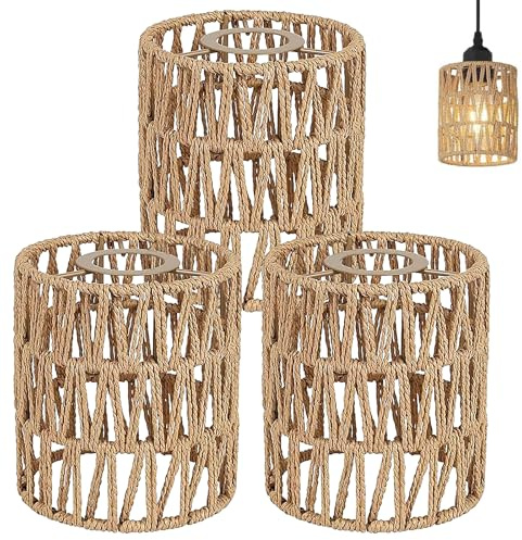 3 Stück Boho Rattan Lampenschirm Klein, Lampenschirm Rattan, E27 Lampenschirme, Papierlampenschirm für Stehlampe, Tischlampe, Pendelleuchten, Spiegelleuchten, Hängelampenschirme, 11,5 x 15 cm