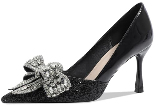 Dam kristalltäckt spetsig tå stilettklackar 7,5 cm glitterpump med strassrosett lågt skuren festskor storlekar 34–44, Svart, 40.5 EU
