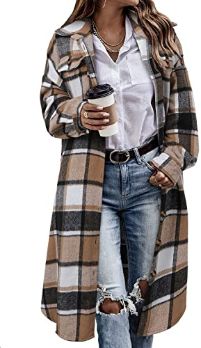 KISSMODA Womens Plaid Shacket Jacket Long Corduroy Shirts Casual Lapel Button Down Flannel Trench Coats with Side Pockets A Brown