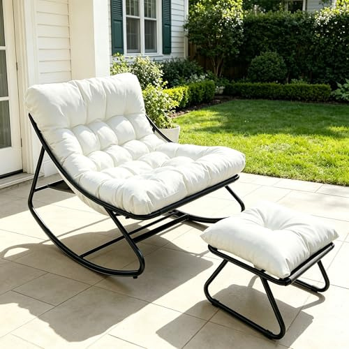 NomadNomics Schaukelstuhl Outdoor Wetterfester mit Gepolsterter,Schaukelsessel Wohnzimmer mit Hocker,XXL Loungesessel Outdoor bis 150kg,Stillsessel Bequem für Garten Balkon Terrasse