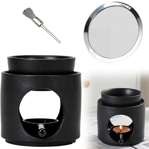 JNEYVIC Duftlampe Teelicht Keramik Weihrauchbrenner Räucherstövchen mit Sieb und Schale 100ml Stövchen Duftlampe für Ätherische Öle Schwarz Aromalampe Teelichthalter Aroma Öl Stövchen