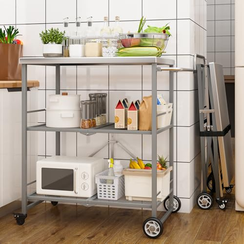Tavolo da pizza pieghevole in acciaio inox a 3 livelli Carrello per alimenti all'aperto Mobile BBQ Carrello da pranzo Pizza Forno Stand Grigio Carrello da giardino per cucinare e divertirsi