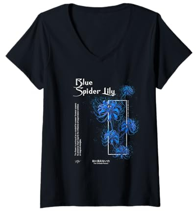 Donna Giglio Ragno in estetica Blu Anime Soft Grunge Giapponese Maglietta con Collo a V
