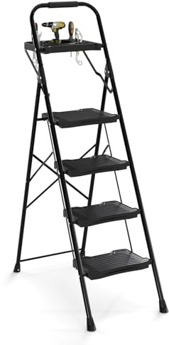 GOPLUS Escalera de 4/5 Peldaños Plegable con Bandeja Portaherramientas, Barandilla de Protección, Pedal Antideslizante, Capacidad 150 kg, Escalera Portátil para Jardín, Oficina, Negro (4 Peldaños)