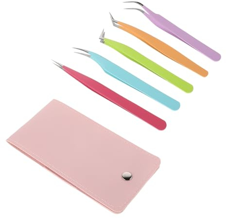 SHOWERORO Juego de Pinzas para Extensiones de Pestañas de Acero Inoxidable Alta Precisión Kit de 5 Pinzas Metálicas Estuche de Piel Rosa Brillante Herramientas para Peinar y Aplicar