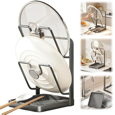 Topfdeckel Organizer Küchenregal, Topfdeckelhalter Löffelablage, 2-in-1 | Design für Zwei Topfdeckel Deckelhalter Küchenutensilien, Aufbewahrungsregal für 16-34cm Küchen-Topfdeckel, Backblech, Küche