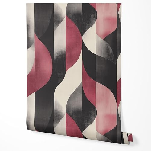 GP TONER Vliestapete Abstrakte Wellen Rot Schwarz Beige Modernes Retro Design Tapete Küche Wohnzimmer Flur Schlafzimmer UV-beständige Tapete 5m x 0,5m