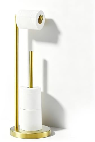 Toilet Roll Holder Free Standing, Brushed Brass Toilet Roll Holder Freestanding Toilet Roll Stand Storage Stainless Steel Paper Holder With Heavy Base for Bathroom Accessories